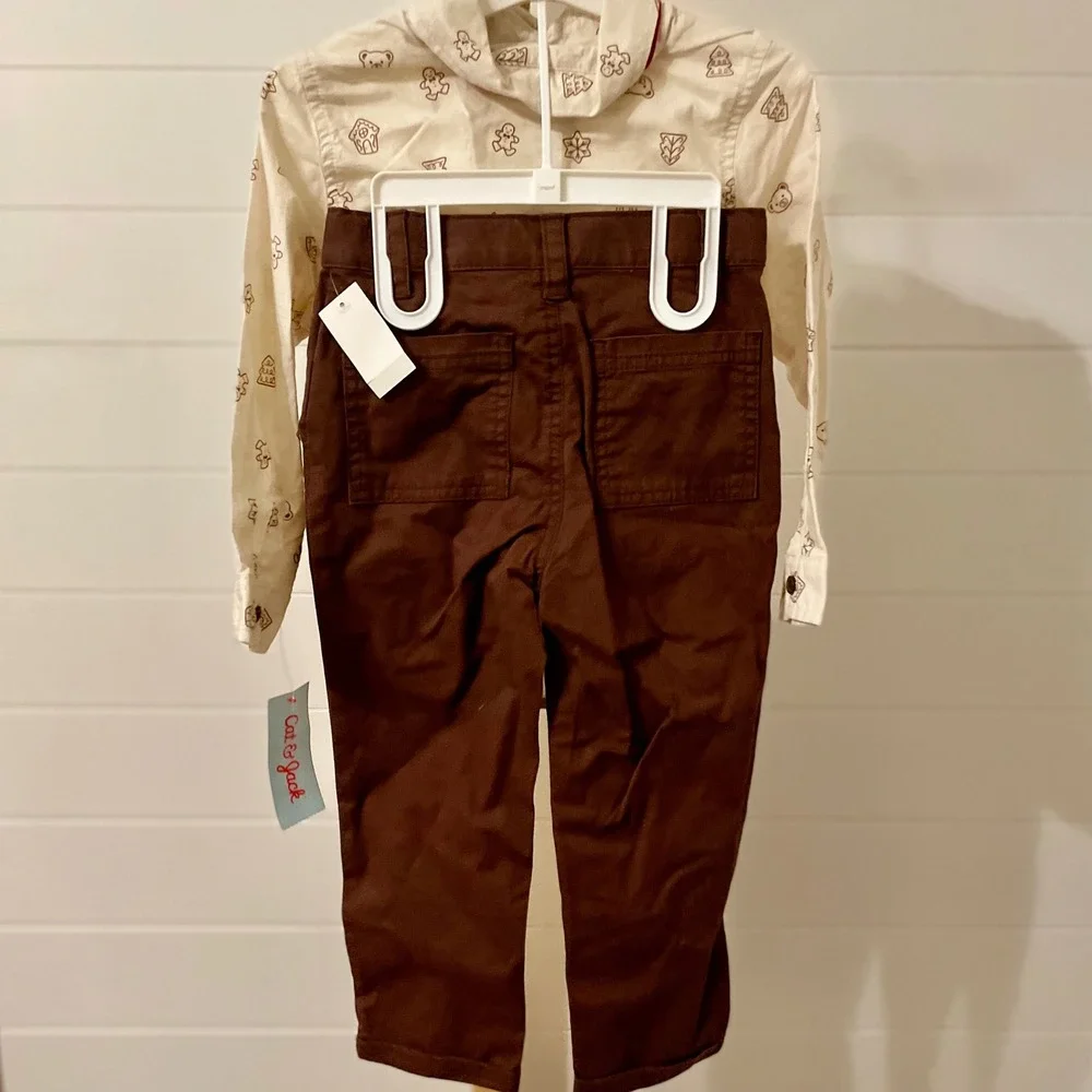 Cat & Jack‎ Boys Gingerbread Christmas Outfit Shirt Pants Bowtie Set 3T